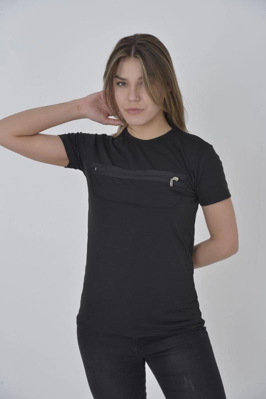 kadin-goguste-fermuar-aksesuarli-dar-kalip-t-shirt-siyah-140809544-sw853sh1280 Kadın Gögüs Fermuarlı T-Shirt Kısa Kol Bisiklet Yaka Slimfit Tişört - Siyah