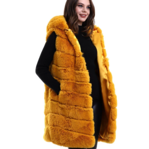 Kadın Kapüşonlu Peluş Kürk Yelek Premium Kalite Tam Astarlı Uzun Model - Sarı