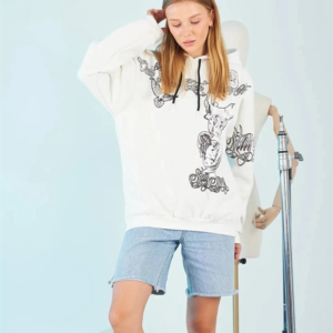 Kadın Oversize Kapüşonlu Baskılı 3 İplik Pamuklu Hoodie Sweatshirt - B
