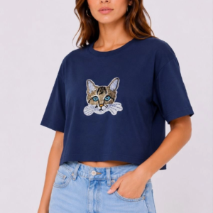 Kadın Kedi Baskılı Oversize Crop Tişört Salaş Basic Yarım Kol T-shirt - Lacivert