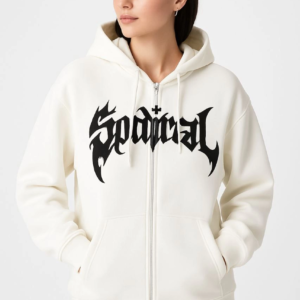 Kadın Kapüşonlu 3 İplik Pamuklu Önü Baskılı Fermuarlı Oversize Hoodie Sweatshirt - Beyaz