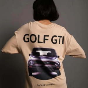 Kadın Oversize Tişört Golf GTI Retro Araba Baskılı T-shirt - Bej