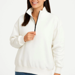 Kadın 3 İplik Pamuklu Dık Yaka Yarım Fermuarlı SweatShirt - Beyaz