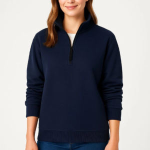 Kadın 3 İplik Pamuklu Dık Yaka Yarım Fermuarlı SweatShirt - Lacivert
