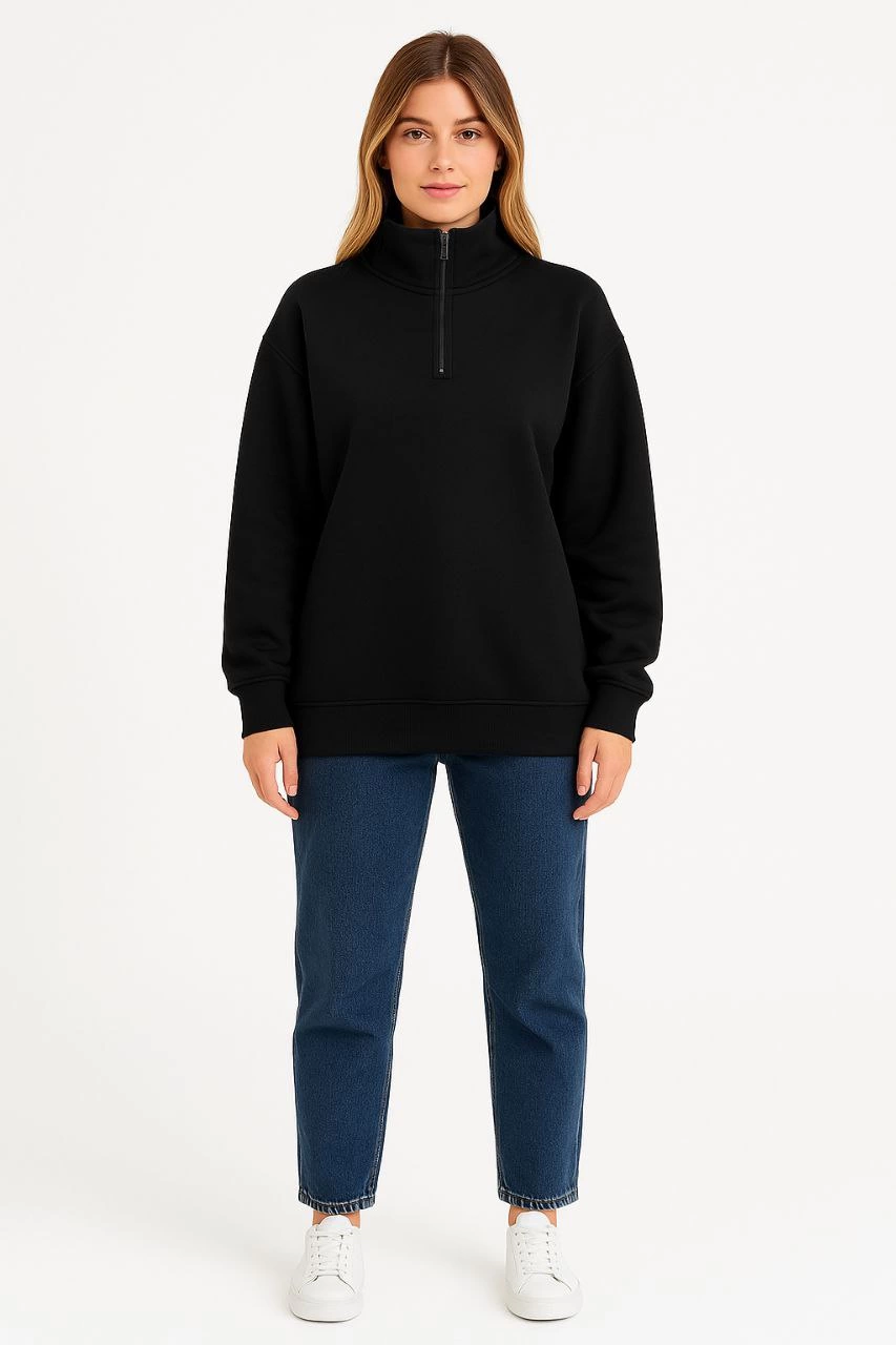 kadin-uc-iplik-dik-yaka-yarim-fermuarli-sweatshirt-siyah-48295938-sw853sh1280 Kadın 3 İplik Pamuklu Dık Yaka Yarım Fermuarlı SweatShirt - Siyah - Görsel 2