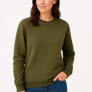 Kadın 3 İplik Pamuklu Düz Bisiklet Yaka SweatShirt - Haki