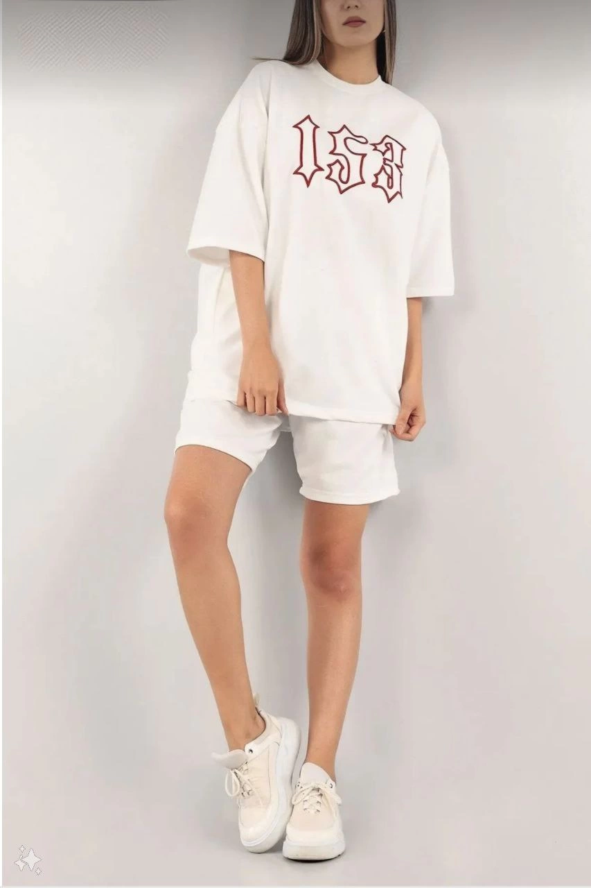 kadin-unisex-nakis-islemeli-sort-takim-beyaz-195224-sw853sh1280 Kadın Nakış İşlemeli Şort Kısa kol Alt-Üst Takım - Beyaz - Görsel 2