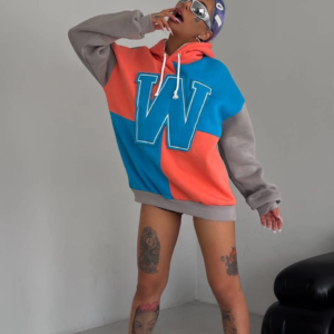 Kadın W Nakış İşlemeli Kapüşonlu 3 iplik pamuklu Parçalı Sweatshirt Hoodie - Mavi