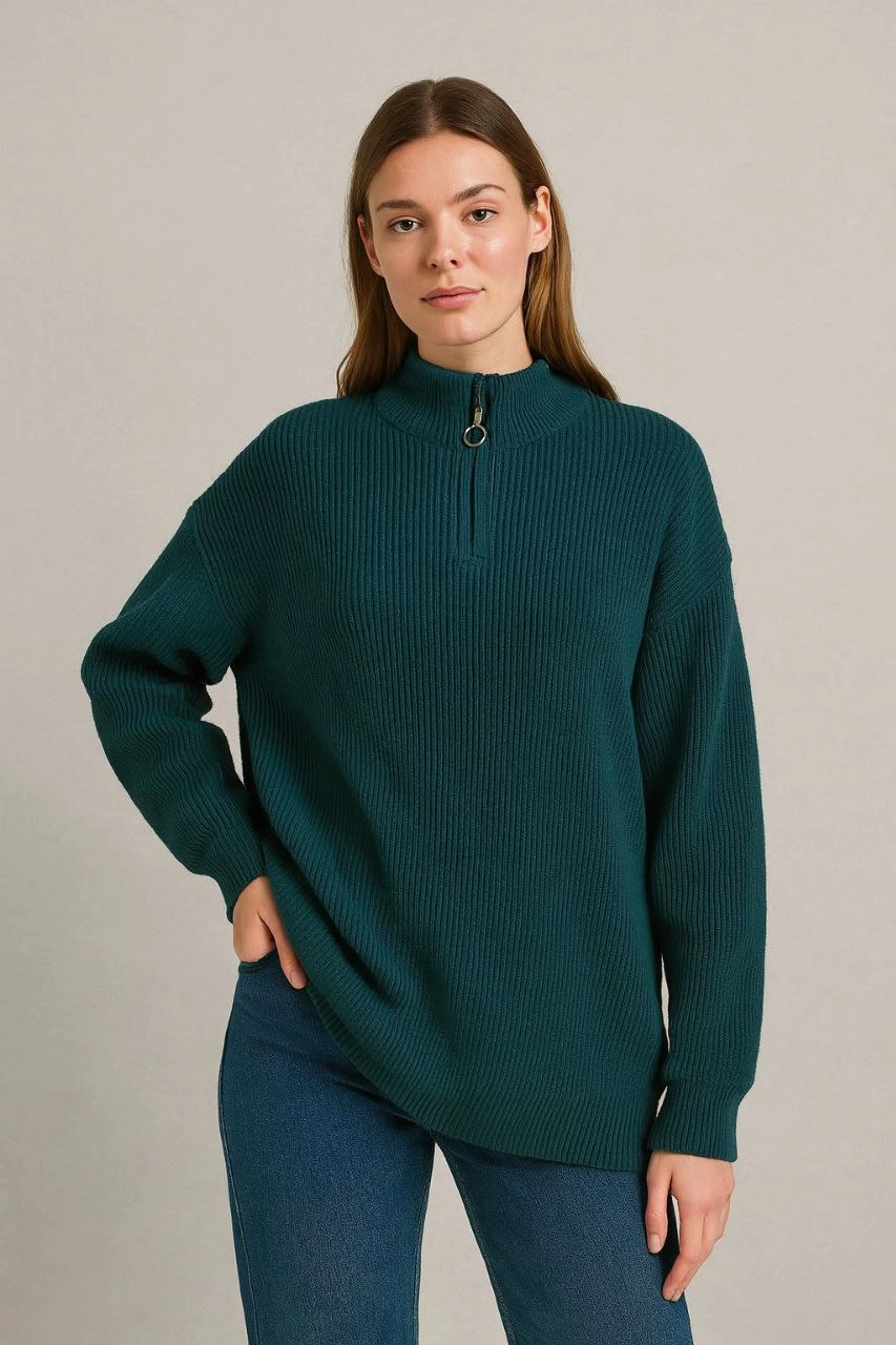 kadin-yarim-fermuarli-triko-kazak-selanik-orgu-dik-yaka-pamuklu-dokuma-oversize-uzun-kollu-kislik-model-haki-62611432-sw853sh1280 KADIN Yarım Fermuarlı Triko Kazak Selanik Örgü Dik Yaka Pamuklu Dokuma Oversize - Haki - Görsel 2