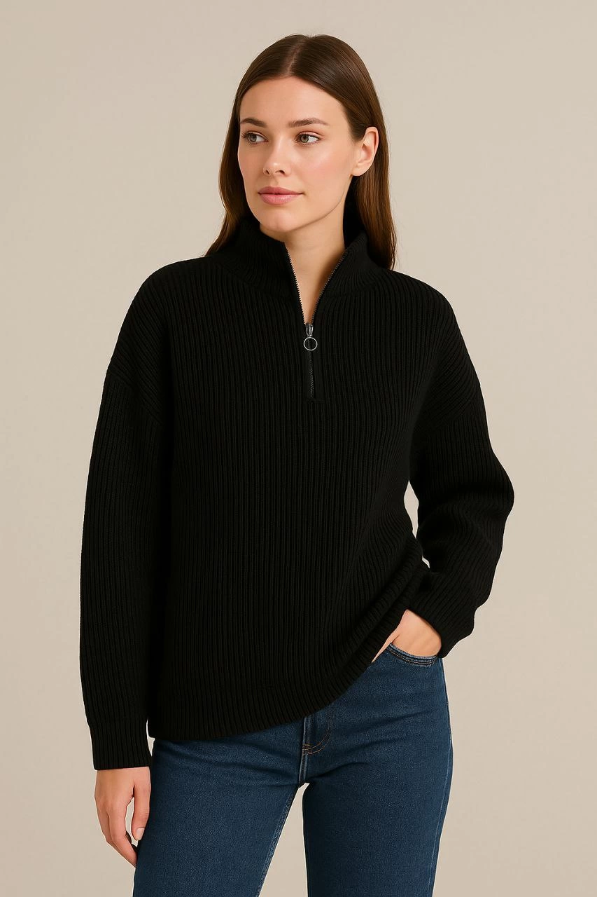 kadin-yarim-fermuarli-triko-kazak-selanik-orgu-dik-yaka-pamuklu-dokuma-oversize-uzun-kollu-kislik-model-siyah-56361016-sw853sh1280 KADIN Yarım Fermuarlı Triko Kazak Selanik Örgü Dik Yaka Pamuklu Dokuma Oversize - Siyah - Image 2