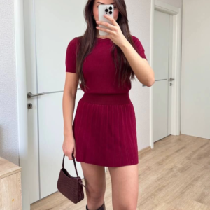 Kadın Kısa Kollu Bluz Mini Etekli ikili Takım Triko - Bordo