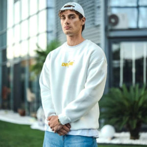Erkek 3 iplik pamuklu Kışlık Bisiklet Yaka Baskılı SweatShirt - Beyaz