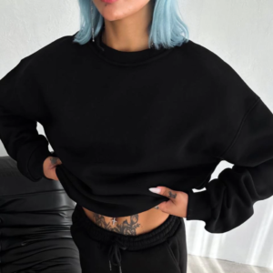 Kadın Bisiklet Yaka 3 İplik Pamuklu Basic SweatShirt - Siyah