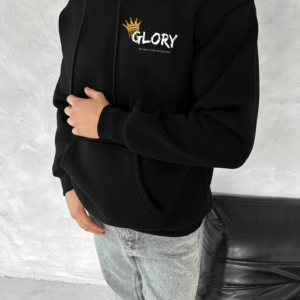 Erkek Kapüşonlu Kanguru Cepli Sweatshirt 3 İplik Pamuklu Baskılı Hoodie - Siyah