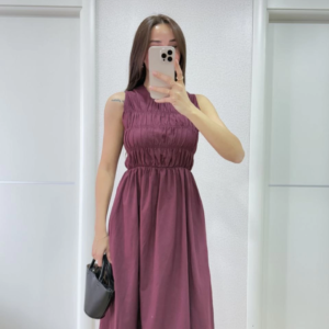 Kadın Kolsuz Göğüs Lastıklı %100 Poplin Uzun Elbise - Bordo