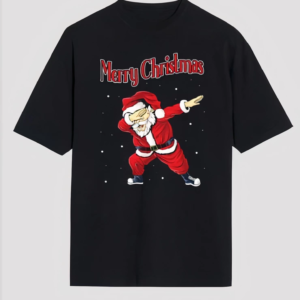 Yılbaşı Merry Christmas Noel Baba Baskılı Oversize Bisiklet Yaka T-shirt - Siyah
