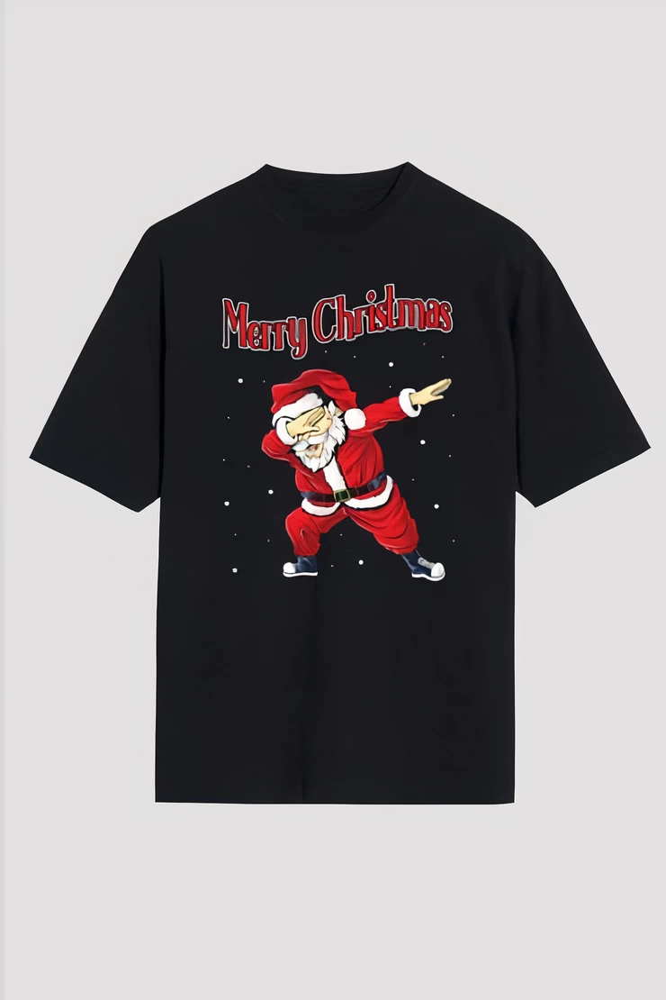 merry-christmas-baskili-noel-babali-t-shirt-siyah-86921572-sw740sh1110 Yılbaşı Merry Christmas Noel Baba Baskılı Oversize Bisiklet Yaka T-shirt - Siyah