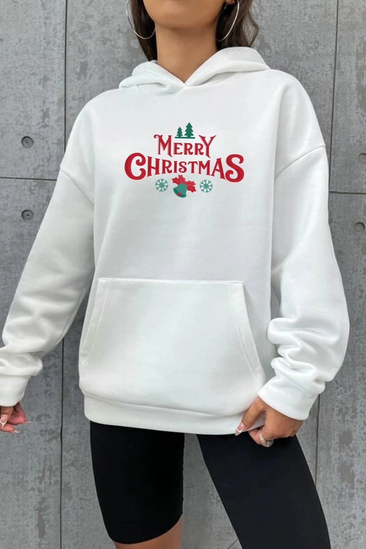 merry-christmas-sweatshirt-hodie-beyaz-67486931-sw1200sh1800 Yılbaşı Merry Christmas Baskılı Oversize Kapüşonlu Sweatshirt Hoodie - Beyaz