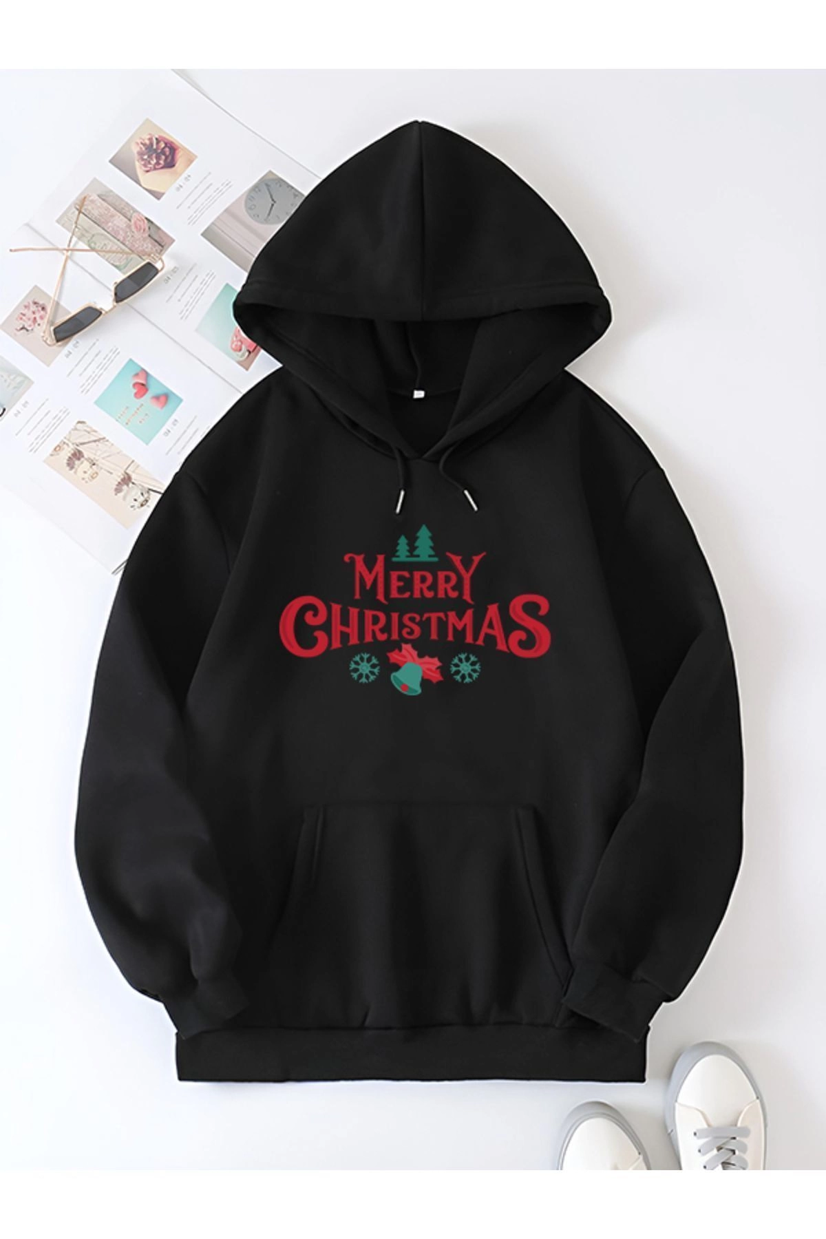 merry-christmas-sweatshirt-hodie-siyah-93706013-sw1200sh1800 Yılbaşı Merry Christmas Baskılı Oversize Kapüşonlu Sweatshirt Hoodie - Siyah
