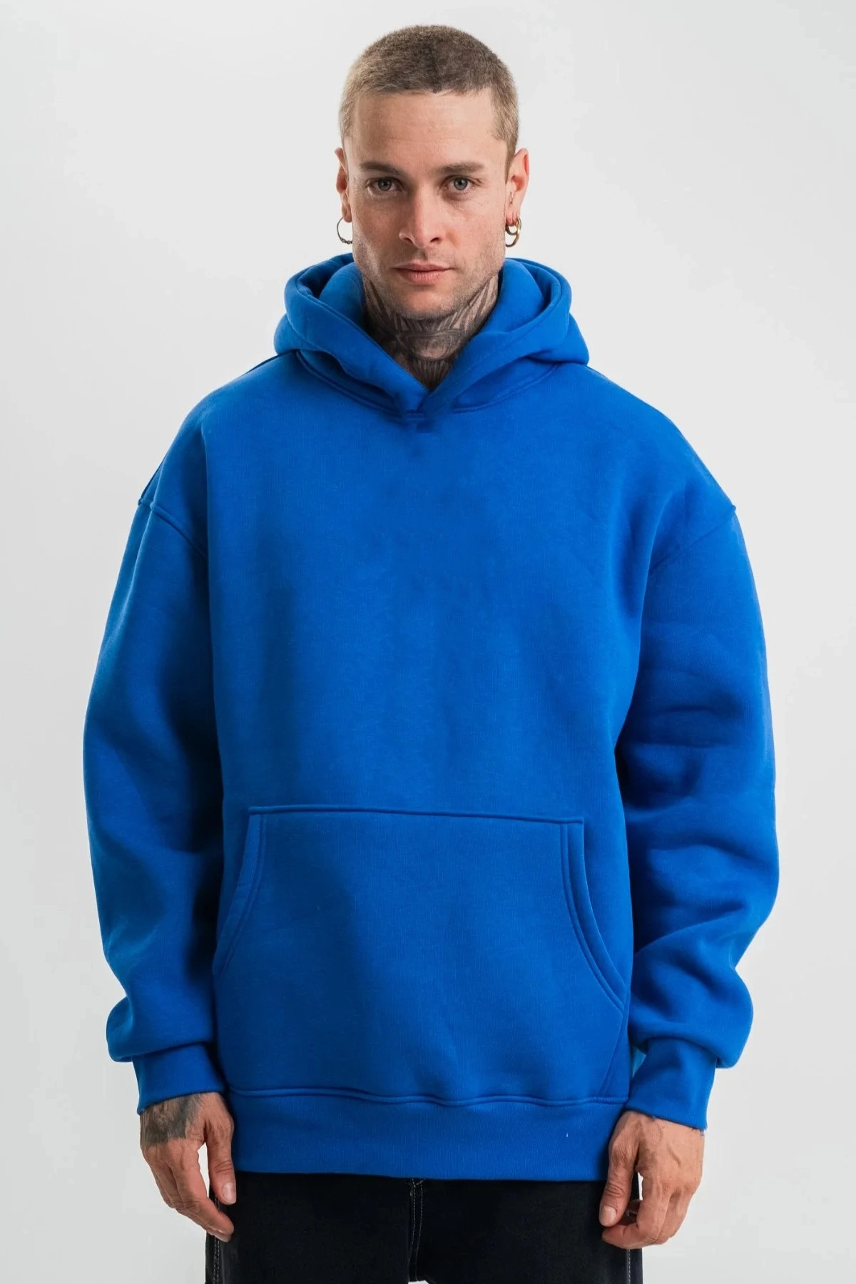 on-arka-kapusonlu-premium-sweatshirt-mavi-82160362-sw1200sh1800 Erkek Oversize 3 İplik Pamuklu Kapüşonlu Kanguru Cepli Hoodie Sweatshirt - Saks Mavisi