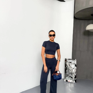 Kadın Osy Modal Yumuşak Dokulu Kumaş Kısa Kollu Crop Alt ispanyol Paça Pantolon ikili Takım - Füme