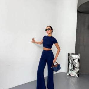 Kadın Osy Modal Yumuşak Kumaş Kısa Kollu Crop Alt ispanyol Paça Pantolon ikili Takım - Lacivert