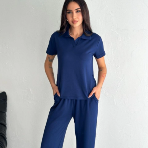 Kadın Osy Modal Yumuşak Dokulu Kısa Kollu Yakalı Pantolon ikili Takım - Lacivert