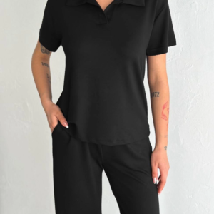 Kadın Osy Modal Yumuşak Dokulu Kumaş Kısa Kollu Yakalı T-shirt Pantolon ikili Takım- Siyah