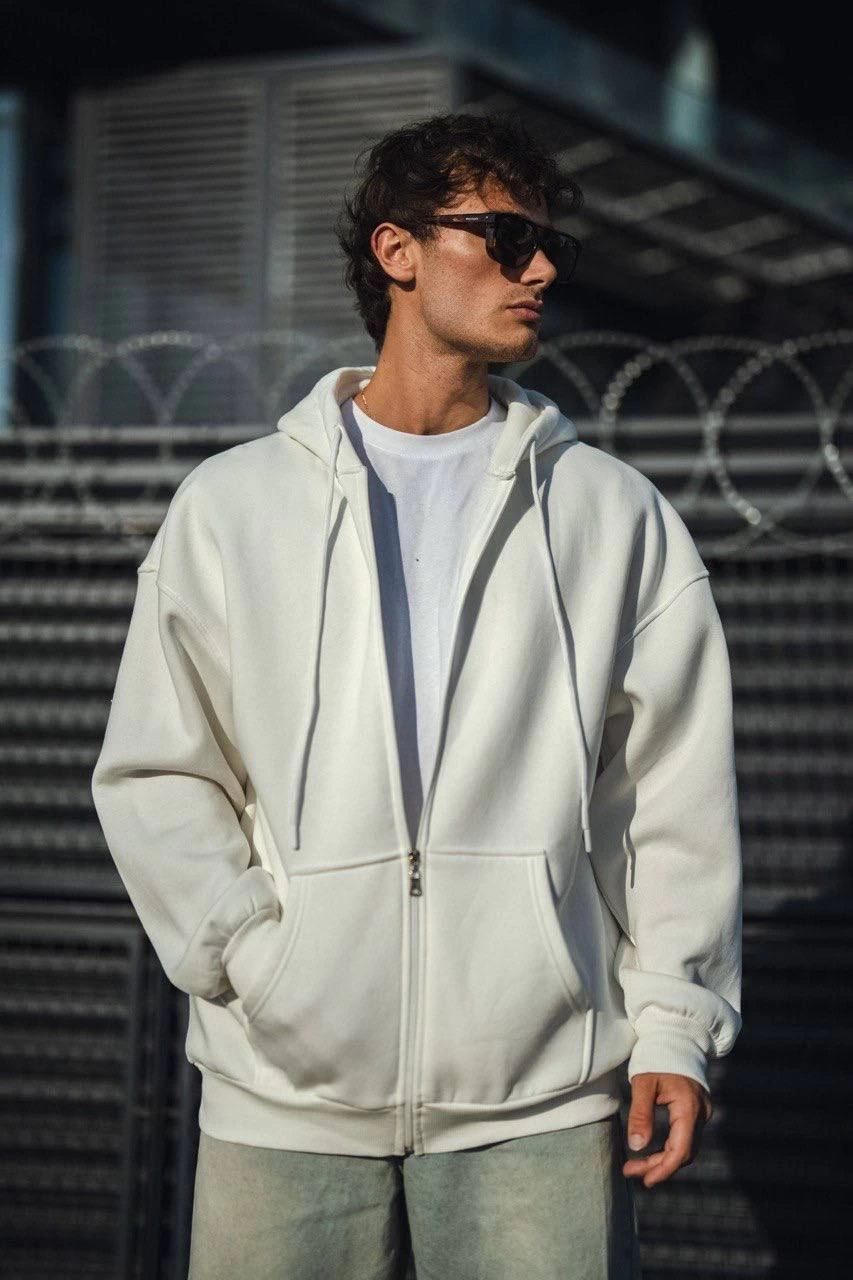 oversize-tam-fermuarli-uzun-kol-hirka-beyaz-72144728-sw853sh1280 Erkek Tam Fermuarlı Cepli Kapüşonlu 3 iplik pamuklu hoodie Sweatshirt - Beyaz - Görsel 2