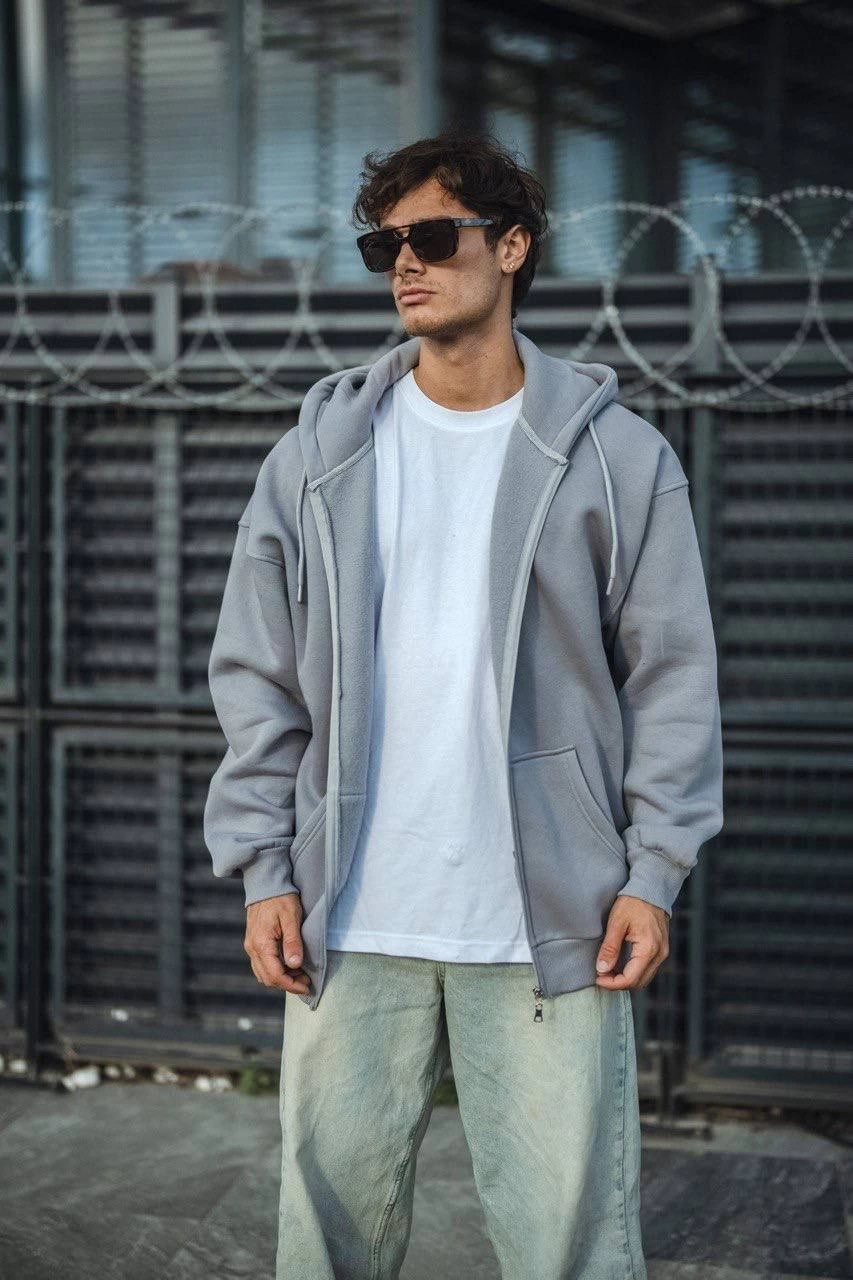 oversize-tam-fermuarli-uzun-kol-hirka-gri-58599251-sw853sh1280 Erkek Tam Fermuarlı Cepli Kapüşonlu 3 iplik pamuklu hoodie Sweatshirt - Gri - Image 2