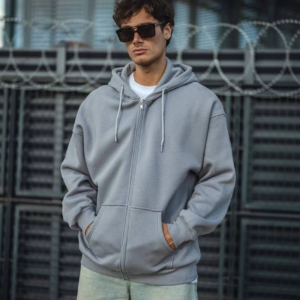 Erkek Tam Fermuarlı Cepli Kapüşonlu 3 iplik pamuklu hoodie Sweatshirt - Gri