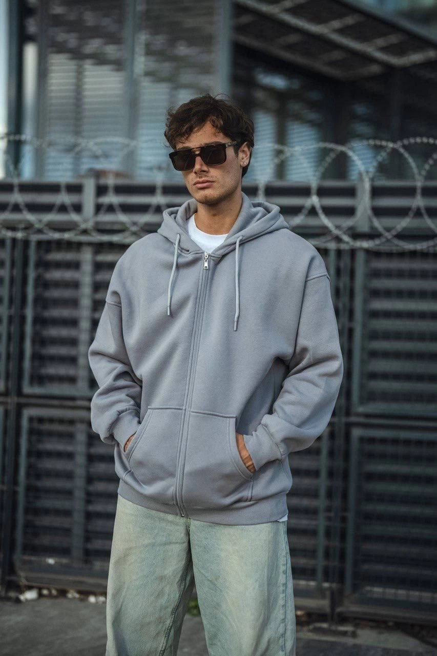 oversize-tam-fermuarli-uzun-kol-hirka-gri-64395554-sw853sh1280 Erkek Tam Fermuarlı Cepli Kapüşonlu 3 iplik pamuklu hoodie Sweatshirt - Gri