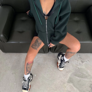 Kadın 3 İplik Pamuklu Kapüşonlu Kanguru Cepli Baskılı Oversize Hoodie Sweatshirt - Haki