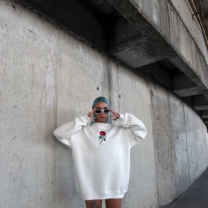 Kadın 3 iplik Pamuklu Bisiklet Yaka GÜL Baskılı SweatShirt - BeyazBeyaz