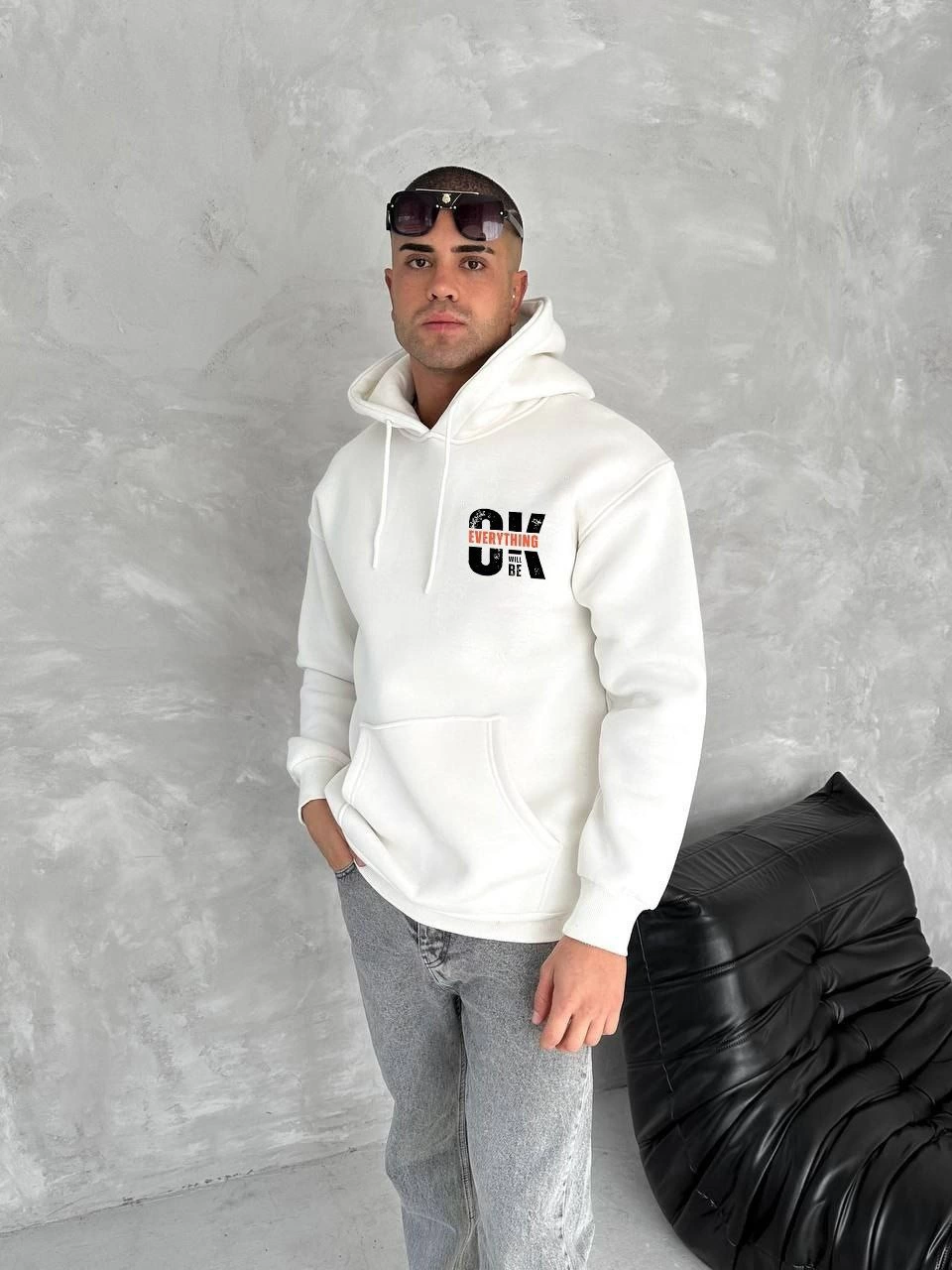 oversize-uc-iplik-kapsonlu-sweatshirt-beyaz-97664757-sw960sh1280 Erkek Kapüşonlu Kanguru Cepli Sweatshirt 3 İplik Pamuklu Baskılı Hoodie - Beyaz