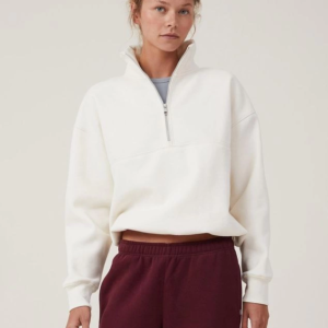 Kadın 3 İplik Pamuklu Oversize Yarım Fermuarlı Yakalı Basic Sweatshirt - Beyaz