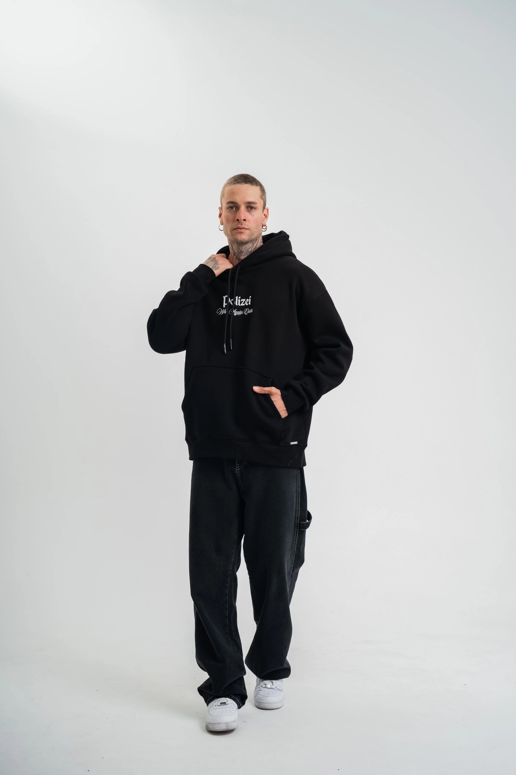 polizei-premium-kalite-kapsonlu-dijital-patchli-sweatshirt-siyah-60560219-sw1706sh2560 Erkek 3 İplik Pamuklu Kapüşonlu Baskılı Cepli Oversize Sweatshirt Hoodie - Siyah - Görsel 2