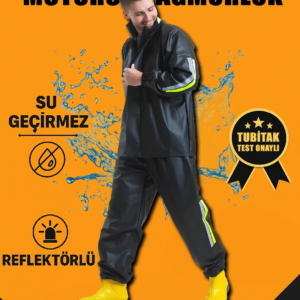 Erkek Premium Motorcu Kurye Yağmurluk Takım Su Geçirmez PVC Kumaş Reflektörlü  - Siyah