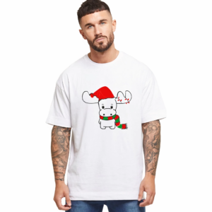 Yılbaşı Noel Ren Geyiği Baskılı Kısa Kollu Oversize Bisiklet Yaka T-shirt - Beyaz