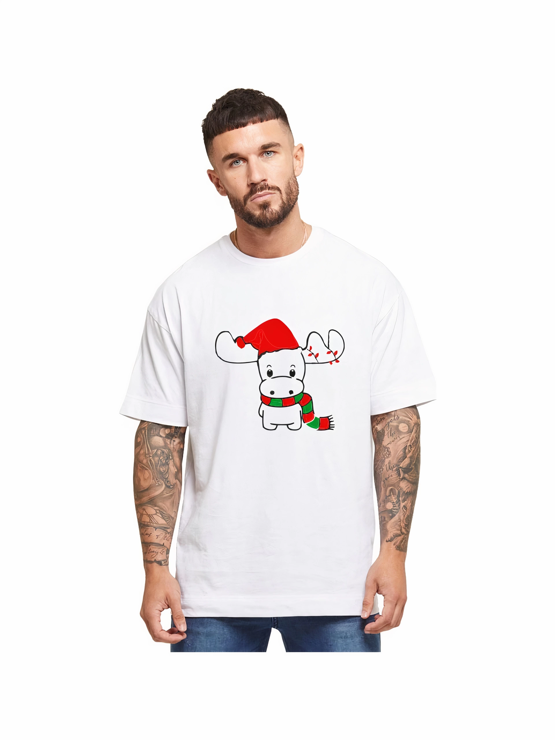 ren-geyigi-baskili-noel-icin-t-shirt-beyaz-56548872-sw1920sh2560 Yılbaşı Noel Ren Geyiği Baskılı Kısa Kollu Oversize Bisiklet Yaka T-shirt - Beyaz