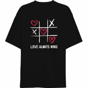 14 Şubat Sevgililer Günü Love Always Wins Baskılı Oversize Bisiklet Yaka T-shirt - Siyah