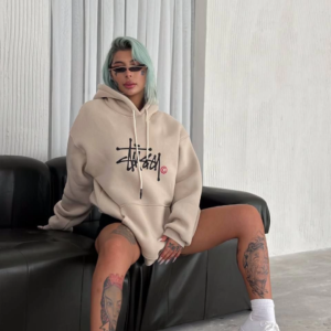 Kadın Oversize Kapüşonlu Cepli Baskılı 3 İplik Pamuklu Hoodie Sweatshirt - Bej