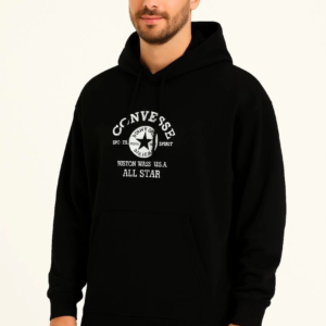 Erkek Kapüşonlu Kanguru Cepli Sweatshirt 3 İplik Pamuklu Baskılı Hoodie - Siyah