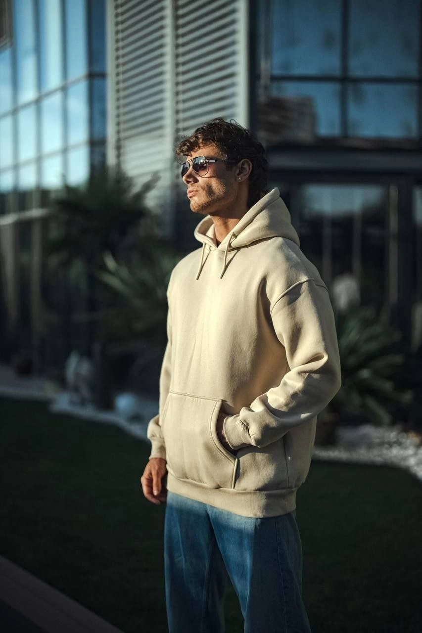 uc-iplik-penye-kapsonlu-basic-sweatshirt-bej-68020075-sw853sh1280 Erkek 3 İplik Pamuklu Kapüşonlu Basic SweatShirt Hoodie - Bej