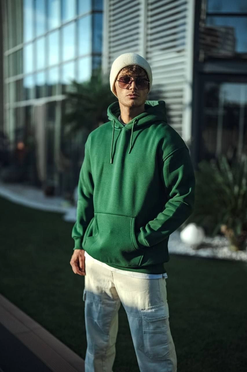 uc-iplik-penye-kapsonlu-basic-sweatshirt-haki-84200761-sw853sh1280 Erkek 3 İplik Pamuklu Kapüşonlu Basic SweatShirt Hoodie - Haki