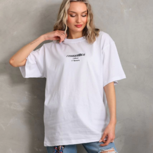 Kadın Kısa Kol Yazlık Tişört Bisiklet Yaka Baskılı Oversize T-Shirt - Beyaz
