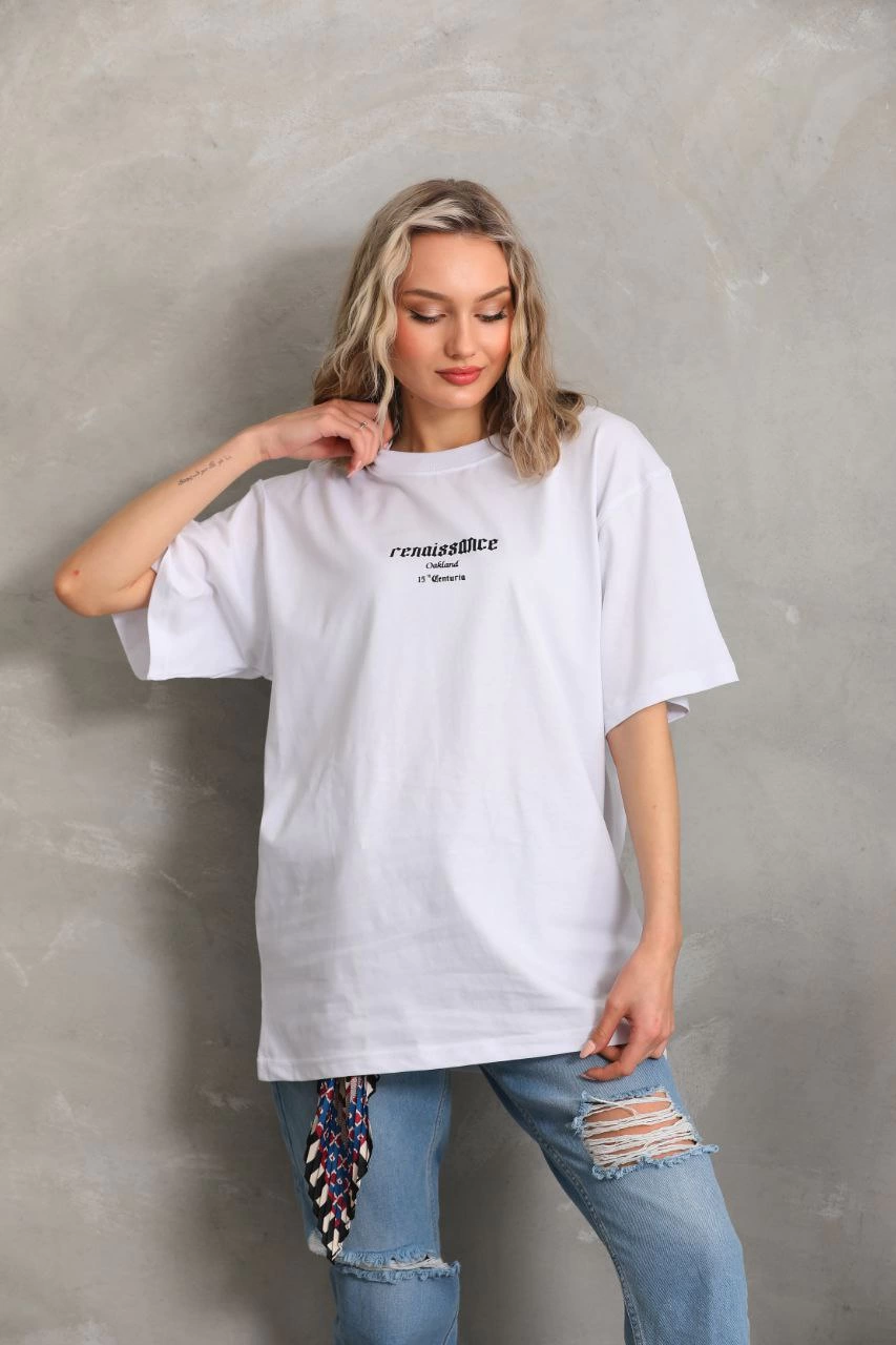 unisex-baskili-oversize-t-shirt-beyaz-54758915-sw853sh1280 Kadın Kısa Kol Yazlık Tişört Bisiklet Yaka Baskılı Oversize T-Shirt - Beyaz