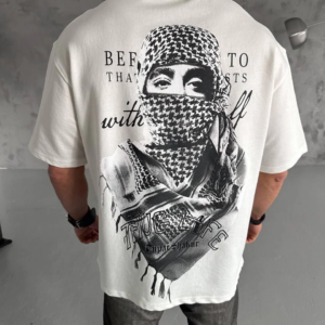 Erkek Kısa Kol Tişört Bisiklet Yaka Filistin Poşulu Baskılı T-Shirt - Beyaz