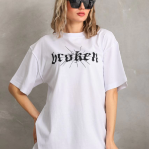 Kadın Kısa Kol Yazlık Tişört Bisiklet Yaka Baskılı Oversize T-Shirt - Beyaz