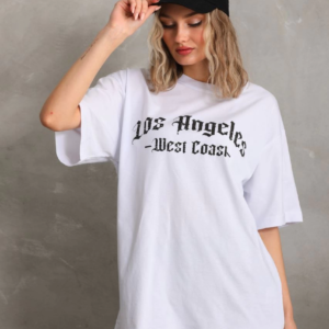 Kadın Baskılı Tişört Kısa Kol Bisiklet Yaka Oversize T-Shirt - Beyaz